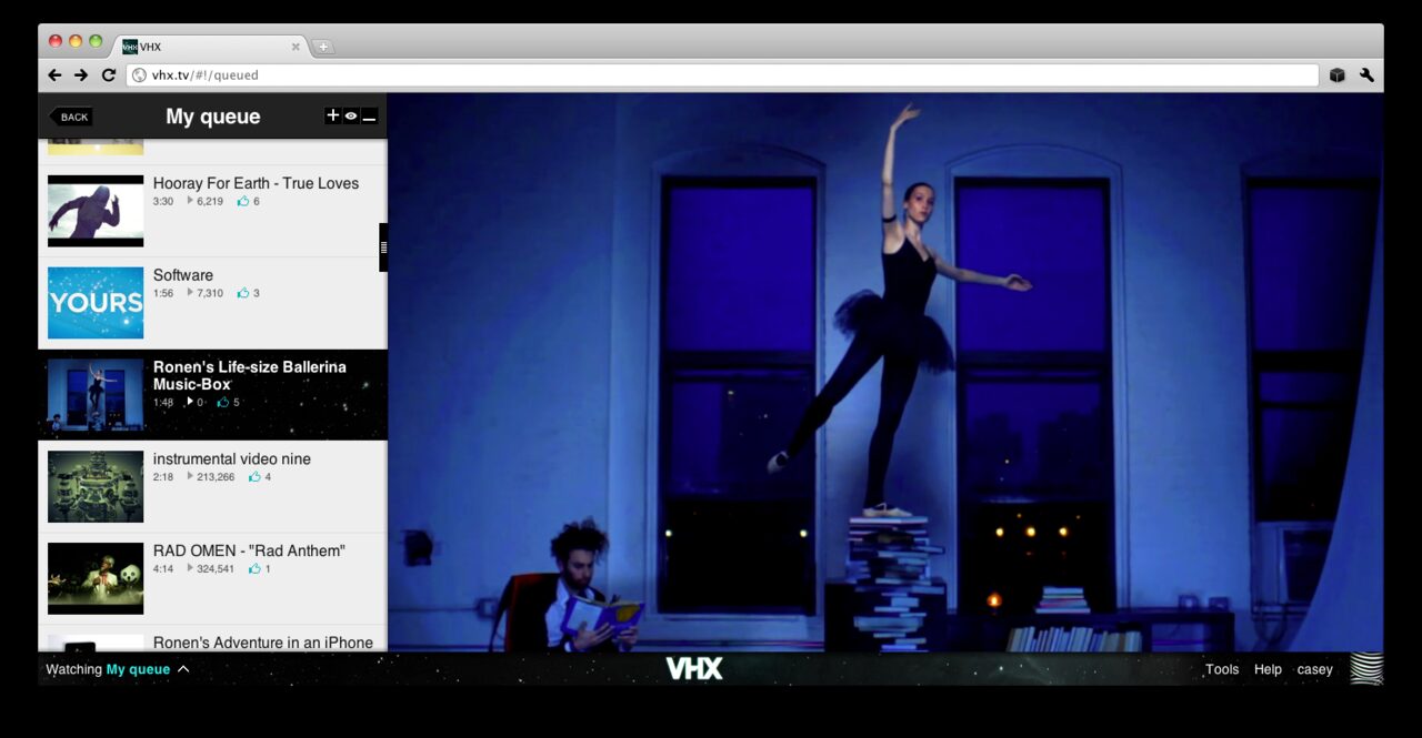 My queue on vhx.tv: a list of queued videos including Hooray For Earth and Ronen's Life-size Ballerina Music-Box, with the ballerina video playing