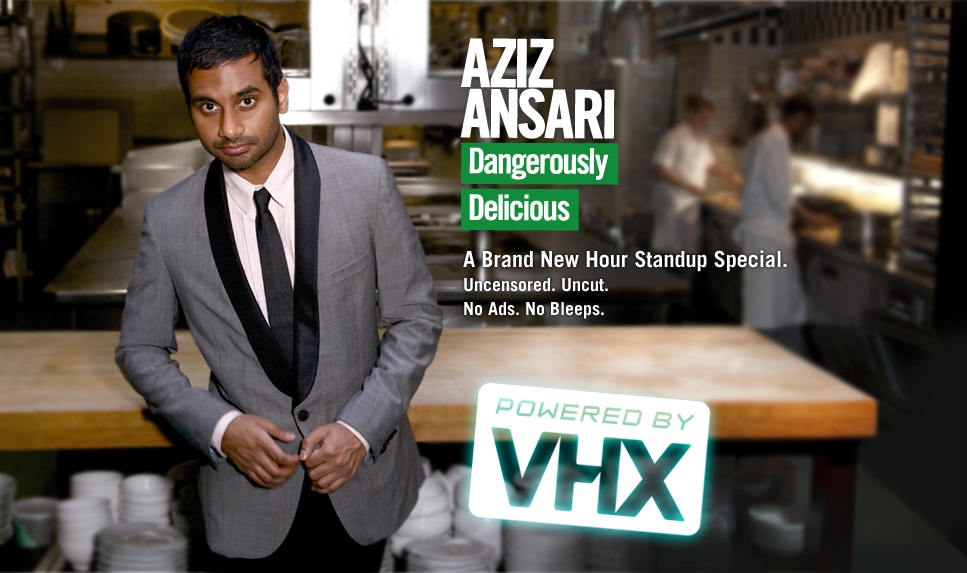 Aziz Ansari Dangerously Delicious promo art with a glowing Powered by VHX badge