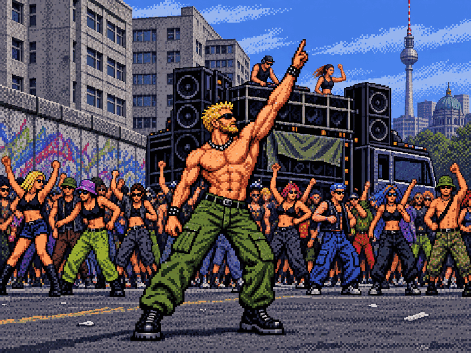 16-bit Sega-style pixel art of a shirtless raver in green cargo pants pointing skyward at a Berlin street parade