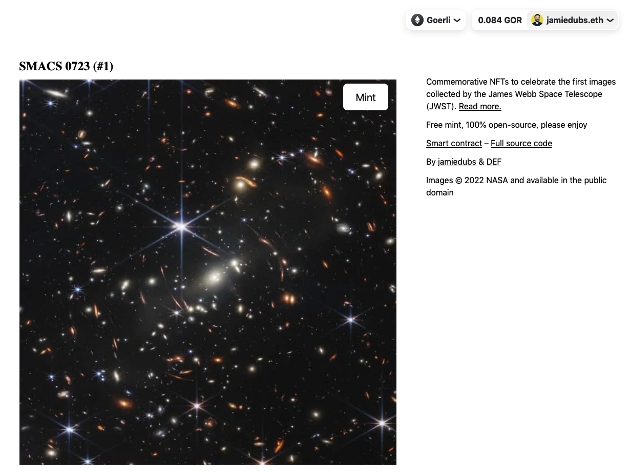 The Webb NFT mint page on launch night, showing SMACS 0723 (#1) with a Mint button, connected to the Goerli testnet as jamiedubs.eth