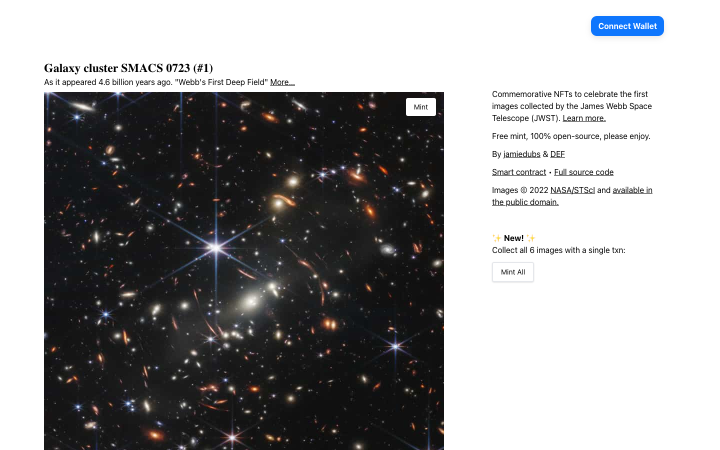 webb.jamiedubs.com today, showing Galaxy cluster SMACS 0723 (#1) with Mint and Mint All buttons and a Connect Wallet button