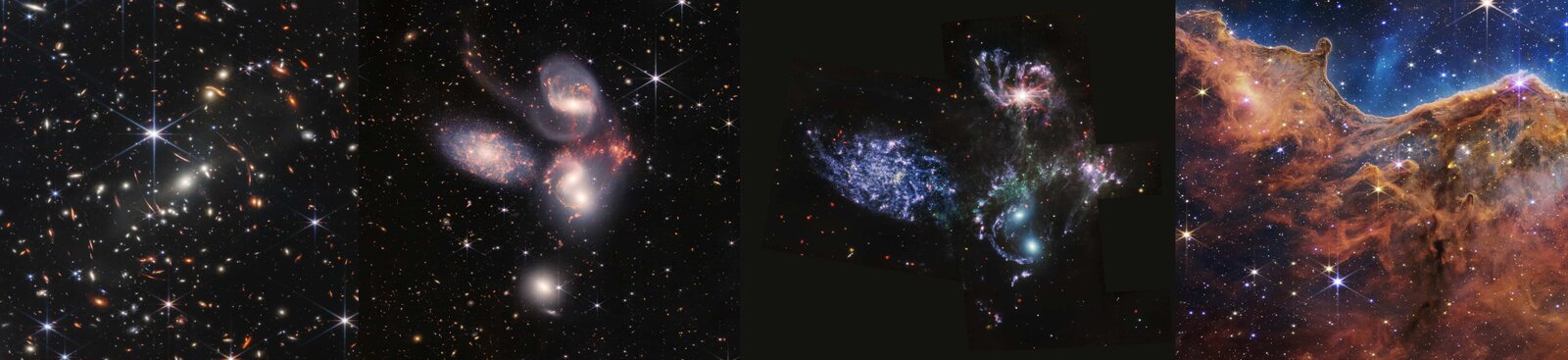 Four of the first James Webb Space Telescope images side by side: the SMACS 0723 deep field, Stephan's Quintet in near- and mid-infrared, and the Carina Nebula