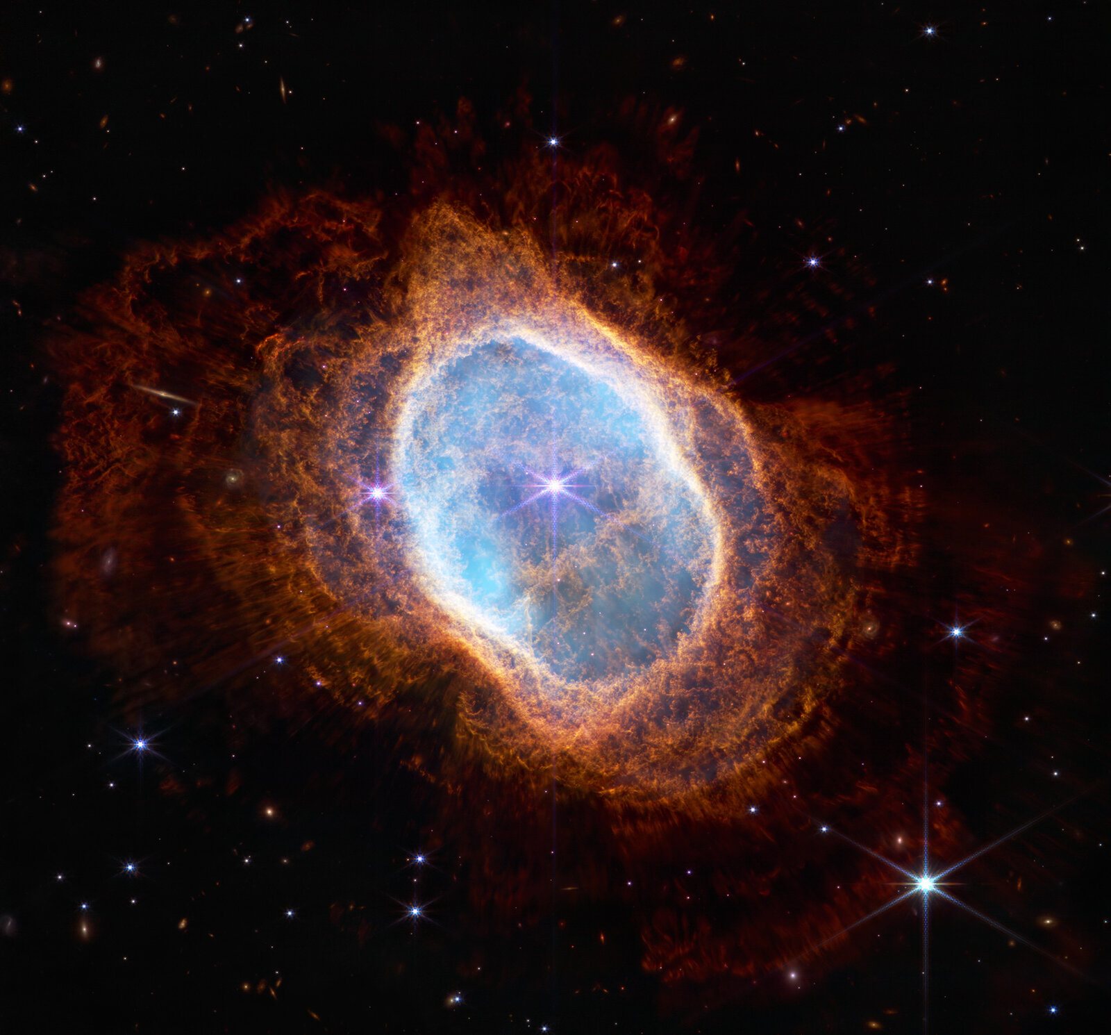The Southern Ring Nebula in near-infrared (NIRCam): a blue center ringed by orange shells of gas