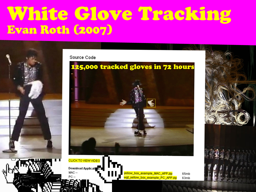 Slide titled White Glove Tracking, Evan Roth (2007), with the yellow-box frame and 125,000 tracked gloves in 72 hours