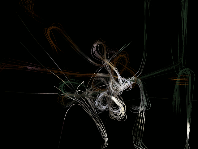 Flocking Gloves: tangled white and orange trails on black, drawn from the glove data