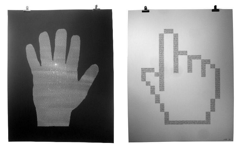 Two ASCII art prints: a white glove on black paper and a pixel pointing-hand cursor on white paper
