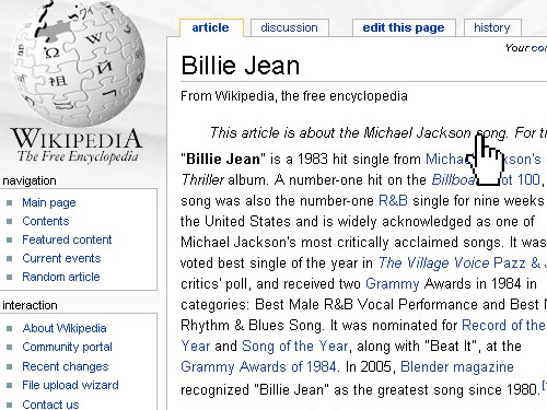 The Billie Jean Wikipedia article with a pointing-hand cursor driven by the glove data