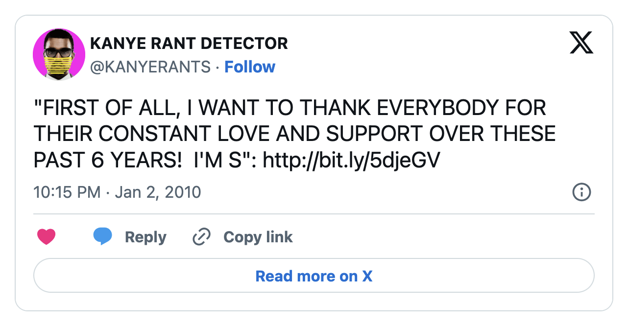@KANYERANTS tweet: FIRST OF ALL, I WANT TO THANK EVERYBODY...